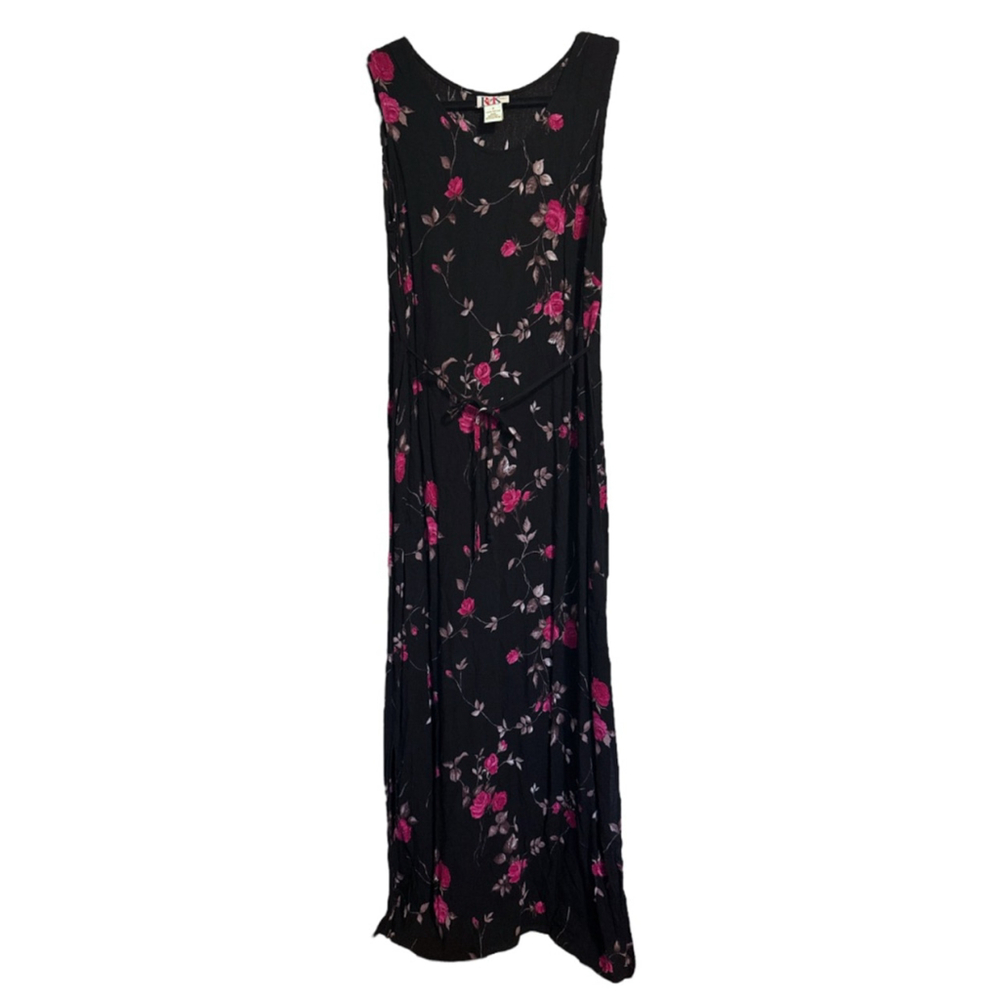 Vintage R & K Originals Maxi Hawaiian Dress Size 8 Black Floral Bloomcore 90s